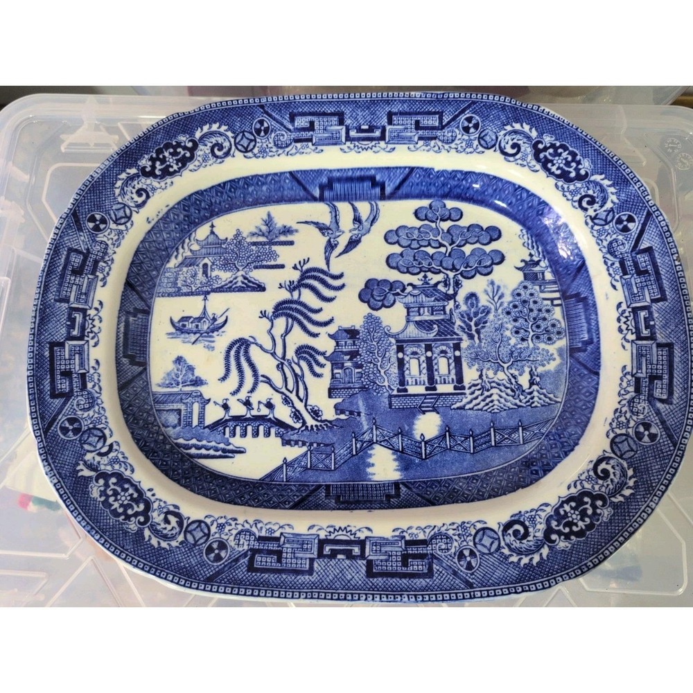 Vtg. " WILLOW" Rectangle  Serving Platter Ridgeway England Blue And White